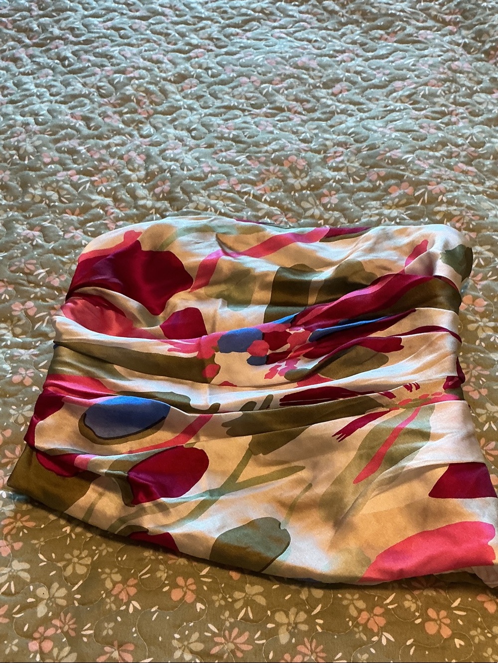 Cult Gaia Floral Strapless Silk Bustier Top - Pink, Olive & Blue XS